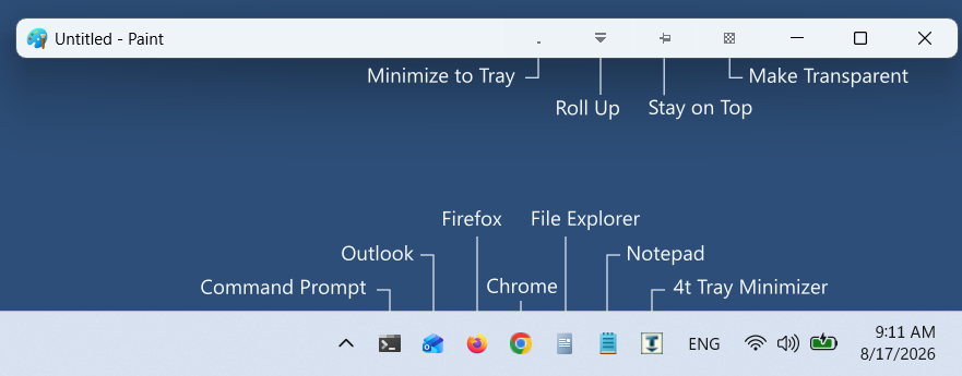 4t Tray Minimizer controls demonstrated on a Windows 11 Paint window and notification area
